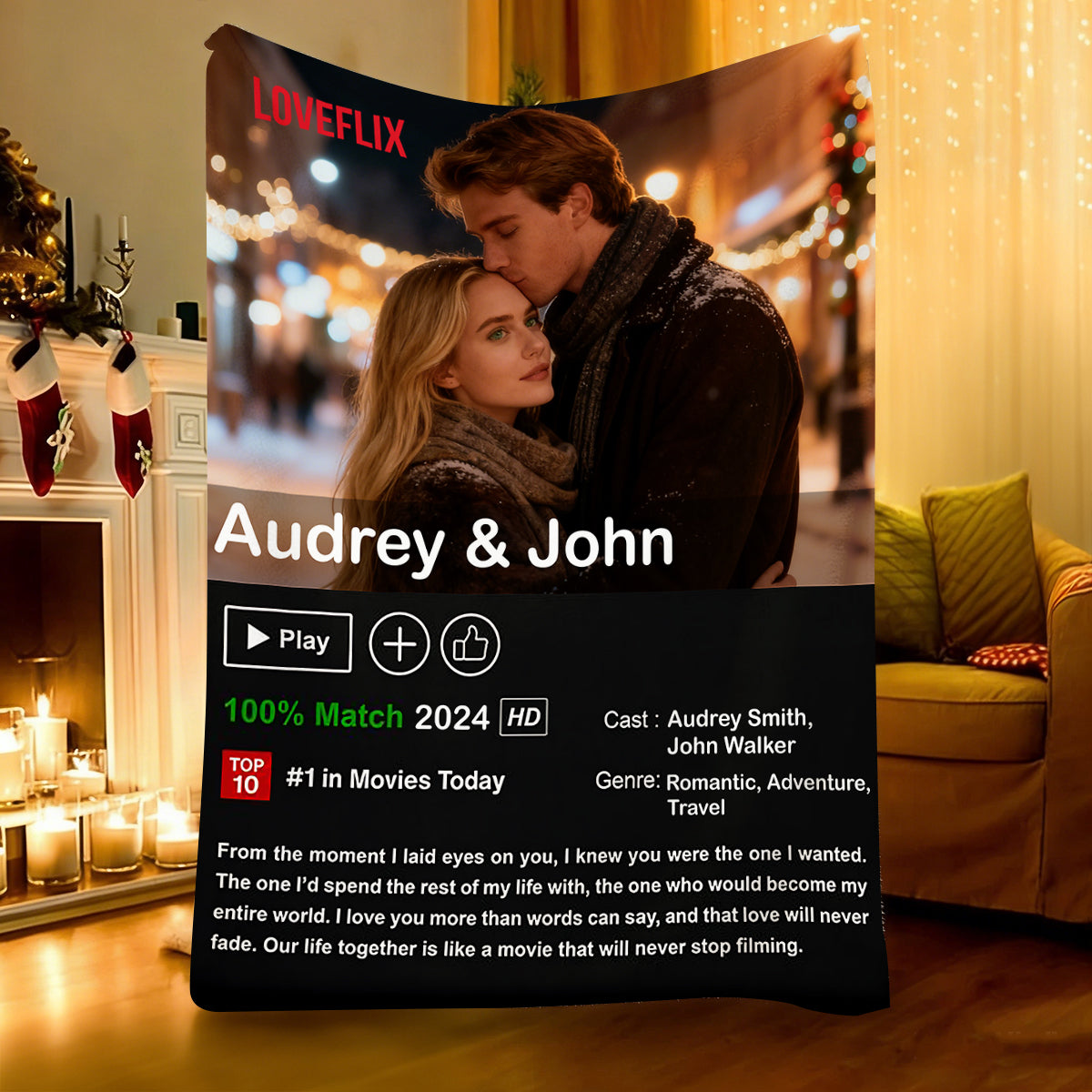 Personalized Loveflix Movie Poster Couple Blanket With Names & Year & Photo & Text | Romantic Anniversary Valentine's Day Gift For Couple