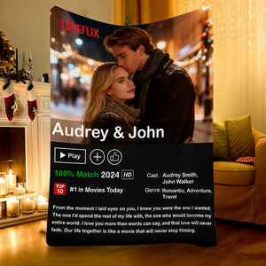 Personalized Loveflix Movie Poster Couple Blanket With Names & Year & Photo & Text | Romantic Anniversary Valentine's Day Gift For Couple