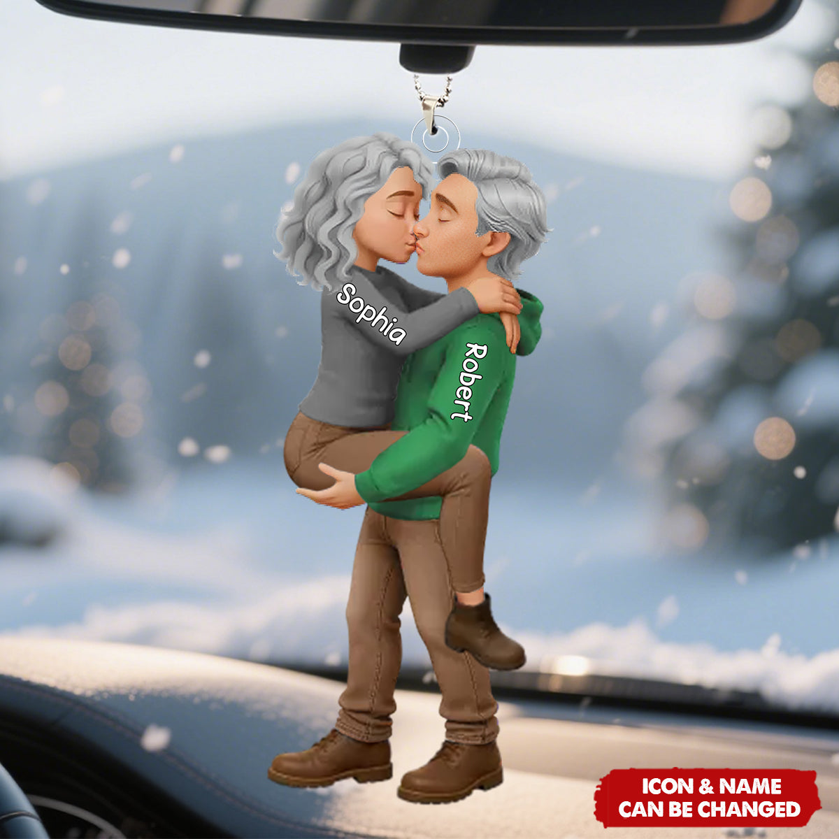 Personalized Romantic Kissing Couple Acrylic Car Ornament With Names & Icons | Cute Valentine's Day Anniversary Wedding Gifts For Couple