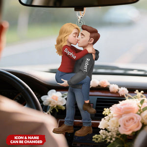 Personalized Romantic Kissing Couple Acrylic Car Ornament With Names & Icons | Cute Valentine's Day Anniversary Wedding Gifts For Couple