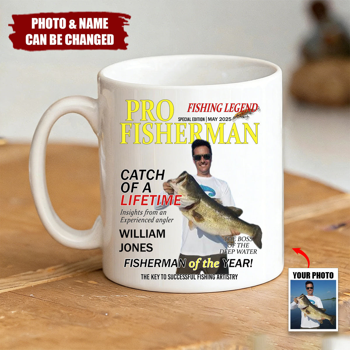 Personalized "Pro Fisherman " Mug With Photo & Name & Color & Quote | Fisherman Of The Year | Hilarious Father's Day Gift For Him  Dad Friend