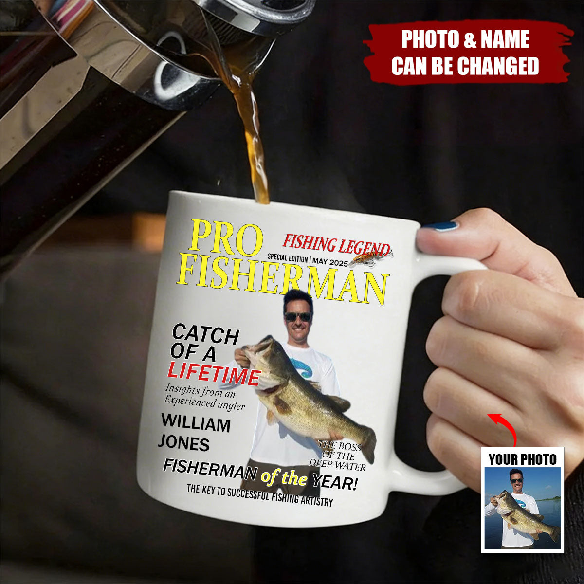 Personalized "Pro Fisherman " Mug With Photo & Name & Color & Quote | Fisherman Of The Year | Hilarious Father's Day Gift For Him  Dad Friend