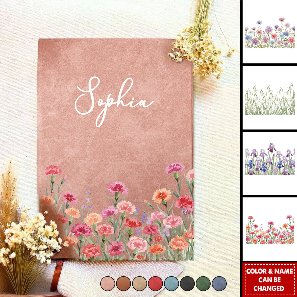 Personalized Flower Leather Journal With Name & Birth Flower & Color | Elegant Mother's Day Xmas Gift For Wife Mom Daughter Friend Teacher