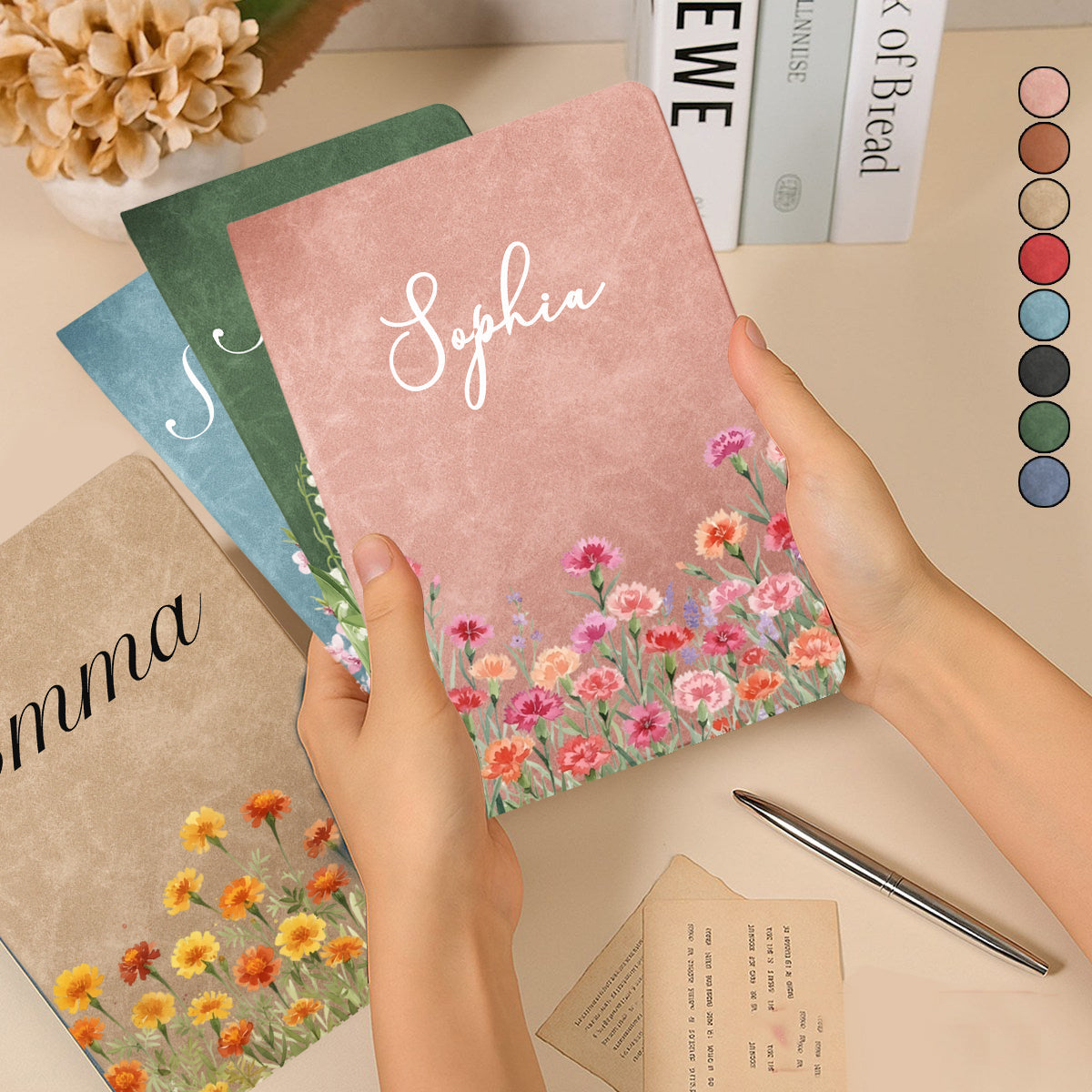 Personalized Flower Leather Journal With Name & Birth Flower & Color | Elegant Mother's Day Xmas Gift For Wife Mom Daughter Friend Teacher