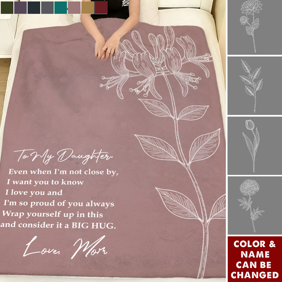 Personalized Birth Flower Blanket With Name & Quote From Mom - Mother's Day | Birthday Graduation Gift For Daughter