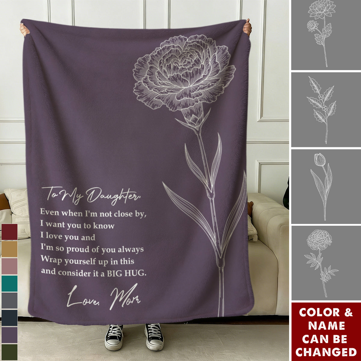 Personalized Birth Flower Blanket With Name & Quote From Mom - Mother's Day | Birthday Graduation Gift For Daughter
