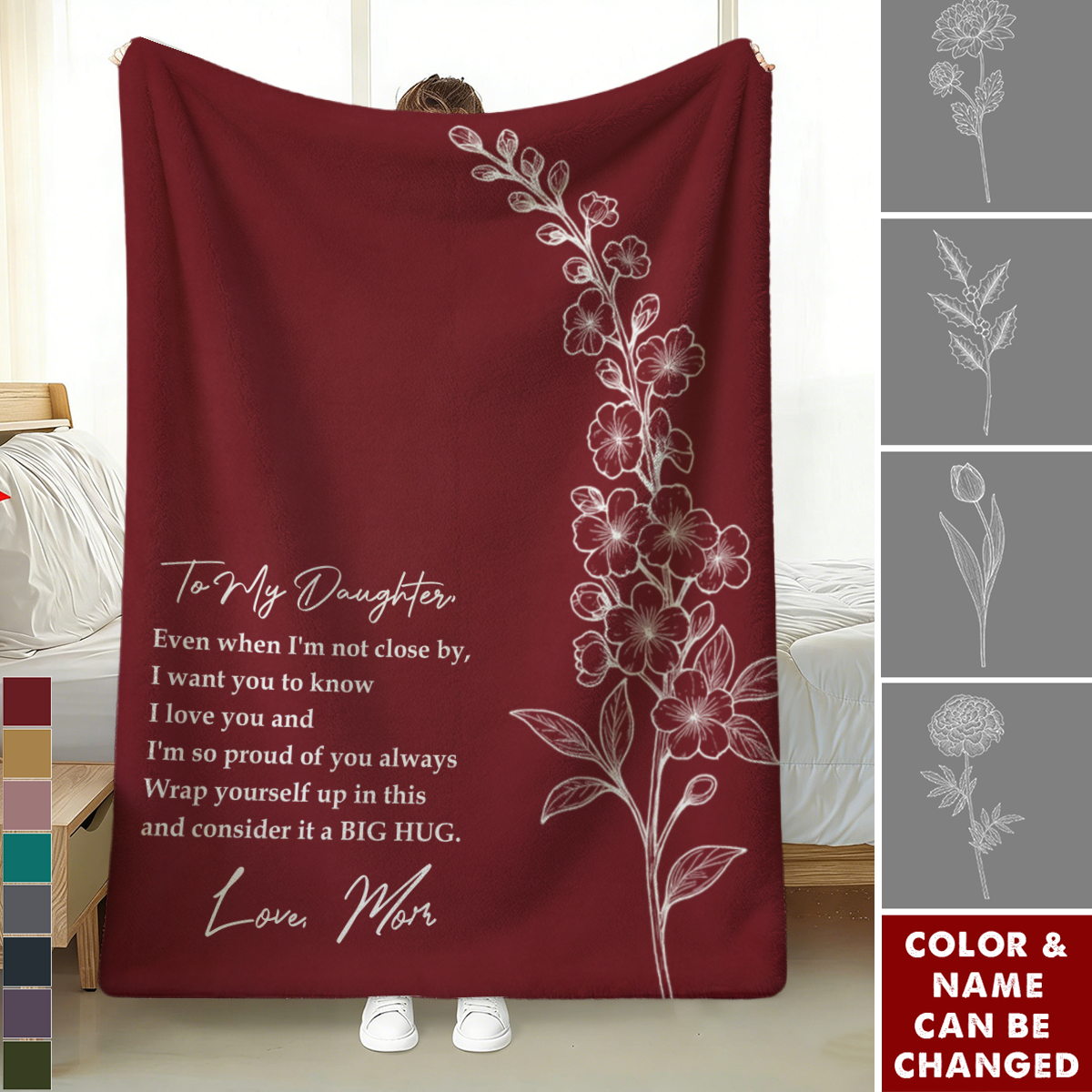 Personalized Birth Flower Blanket With Name & Quote From Mom - Mother's Day | Birthday Graduation Gift For Daughter