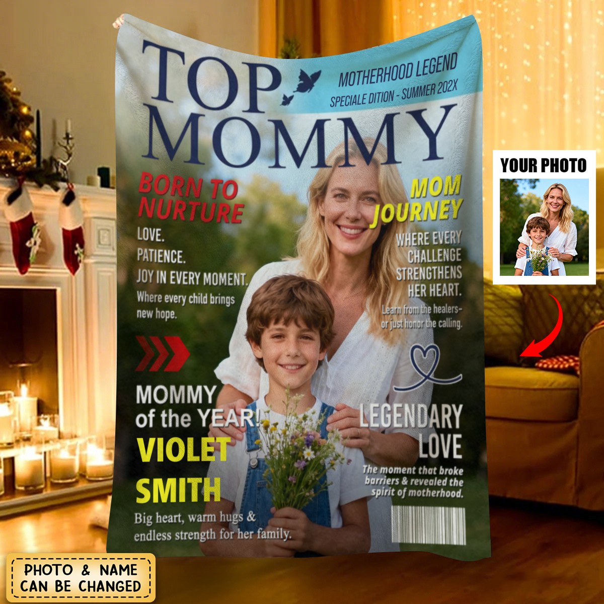Personalized "Top Mommy" Magazine Cover Blanket With Name & Photo - Birthday | Christmas | Mother's Day Gift For Mom Grandma