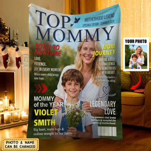 Personalized "Top Mommy" Magazine Cover Blanket With Name & Photo - Birthday | Christmas | Mother's Day Gift For Mom Grandma