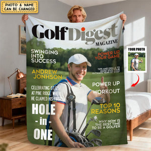 Personalized Golf Digest Magazine Cover Fleece Blanket With Photo & Name - Father's Day Anniversary Gift For Dad Husband & Golf Lovers