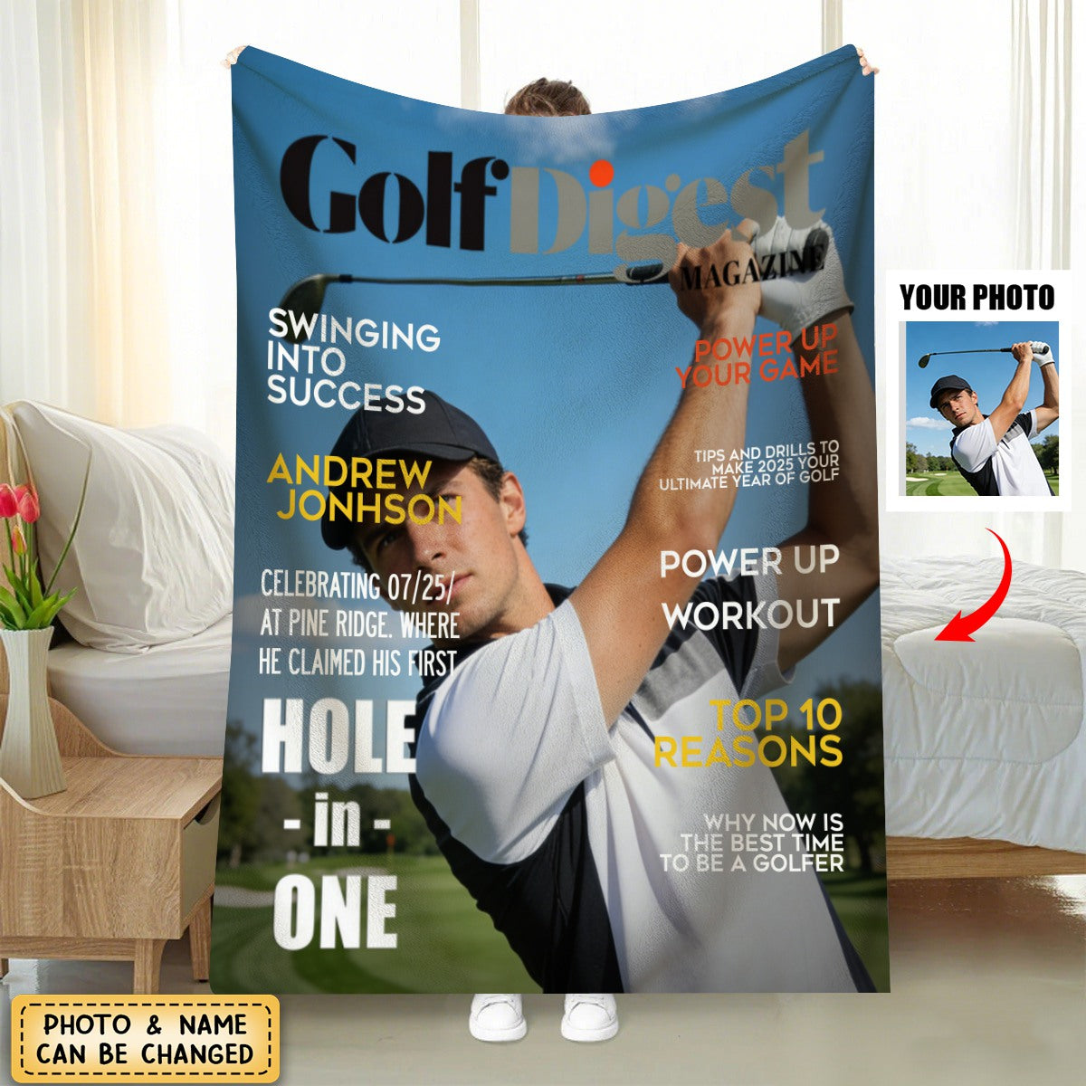 Personalized Golf Digest Magazine Cover Fleece Blanket With Photo & Name - Father's Day Anniversary Gift For Dad Husband & Golf Lovers