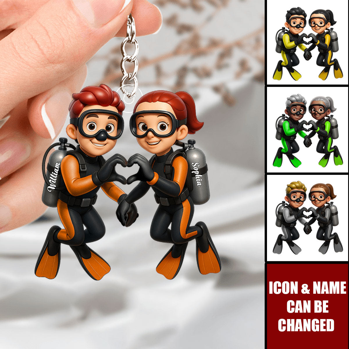 Personalized 3D Effect Scuba Diving Couple Keychain With Icons & Names | Valentine's Day Anniversary Keepsake Gift For Ocean Lovers Couple