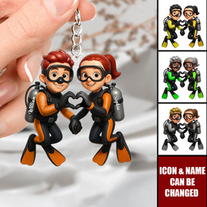 Personalized 3D Effect Scuba Diving Couple Keychain With Icons & Names | Valentine's Day Anniversary Keepsake Gift For Ocean Lovers Couple