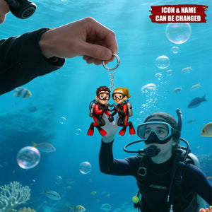Personalized 3D Effect Scuba Diving Couple Keychain With Icons & Names | Valentine's Day Anniversary Keepsake Gift For Ocean Lovers Couple