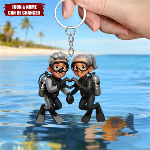 Personalized 3D Effect Scuba Diving Couple Keychain With Icons & Names | Valentine's Day Anniversary Keepsake Gift For Ocean Lovers Couple