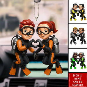 Personalized Cartoon Diving Couple Car Ornament With Names & Icons | Romantic Anniversary Valentine's Day Gift For Diving Lovers Couple
