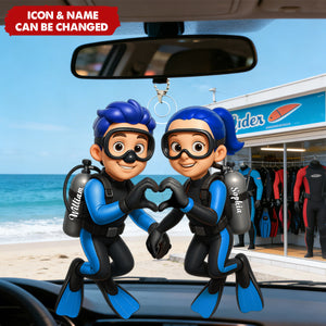 Personalized Cartoon Diving Couple Car Ornament With Names & Icons | Romantic Anniversary Valentine's Day Gift For Diving Lovers Couple