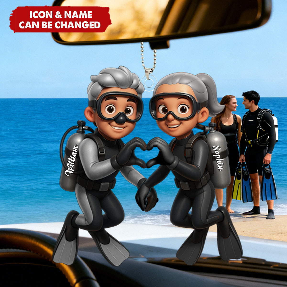 Personalized Cartoon Diving Couple Car Ornament With Names & Icons | Romantic Anniversary Valentine's Day Gift For Diving Lovers Couple