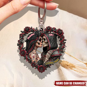 Customized Gothic Punk Heart Skull Acrylic Keychain With Names & Romantic Red Roses - Wedding Keepsake | Valentine's Day Gift For Couples