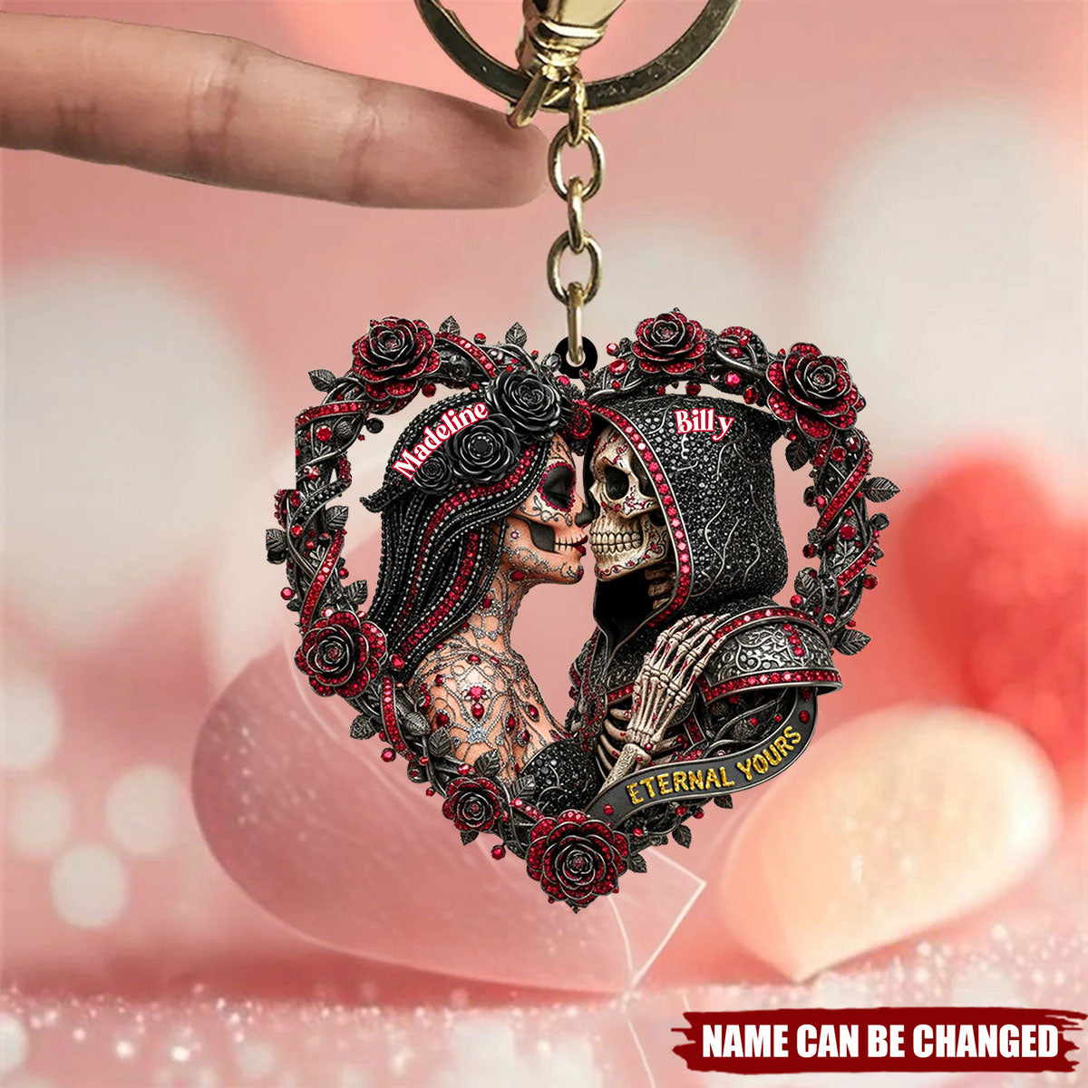 Customized Gothic Punk Heart Skull Acrylic Keychain With Names & Romantic Red Roses - Wedding Keepsake | Valentine's Day Gift For Couples