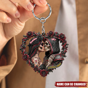 Customized Gothic Punk Heart Skull Acrylic Keychain With Names & Romantic Red Roses - Wedding Keepsake | Valentine's Day Gift For Couples