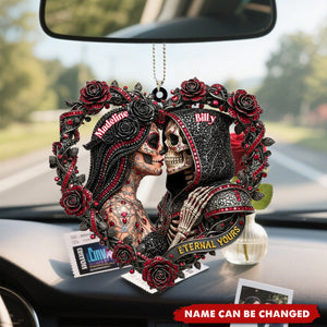 Personalized Gothic Roses Love Skull Couple Acrylic Ornament With Name - Wedding Keepsake | Valentine's Day Gift For Punk Rock Couple