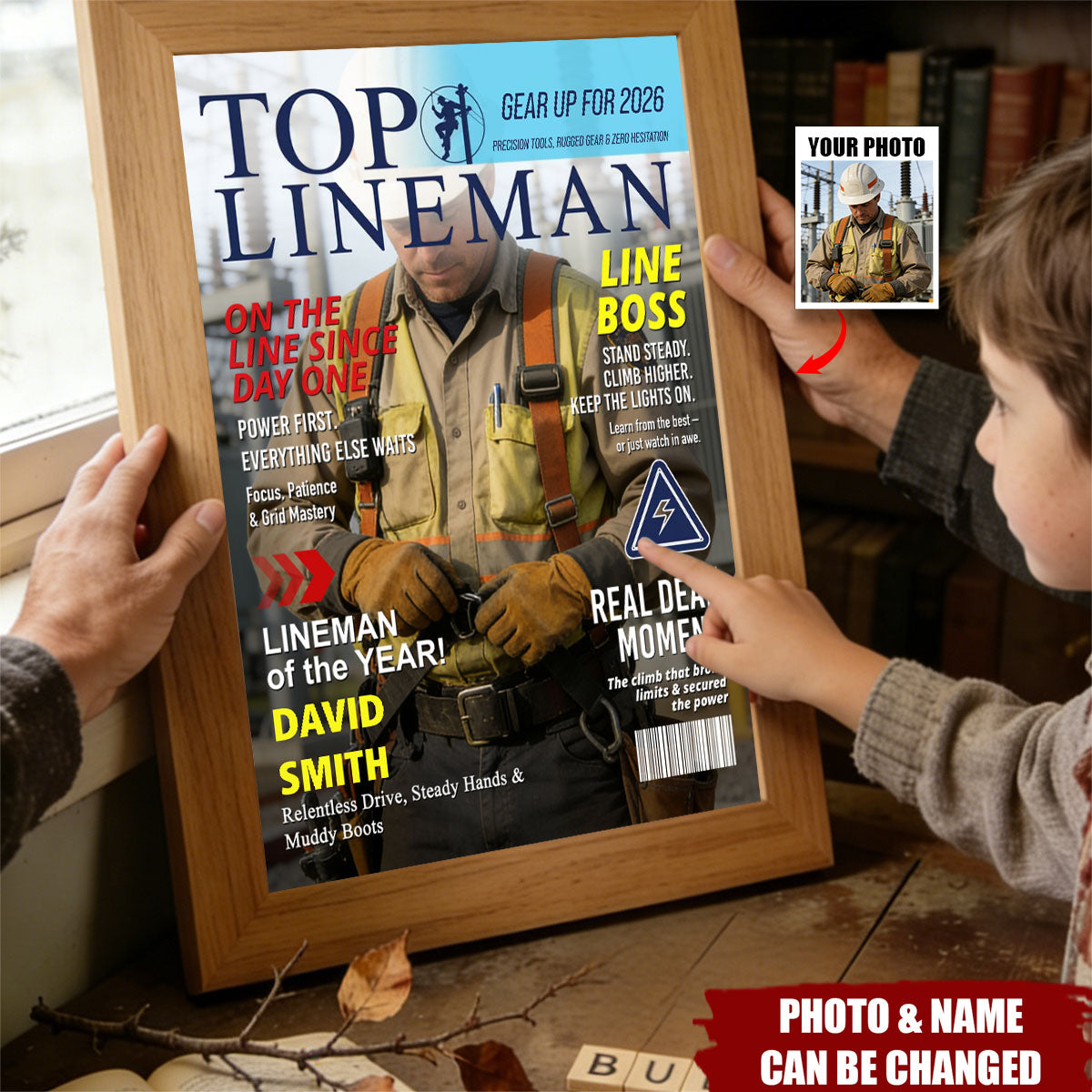 Personalized Line Boss Magazine Style Poster With Name & Photo - Keepsake Father's Day Gift For Electrical Worker And Husband