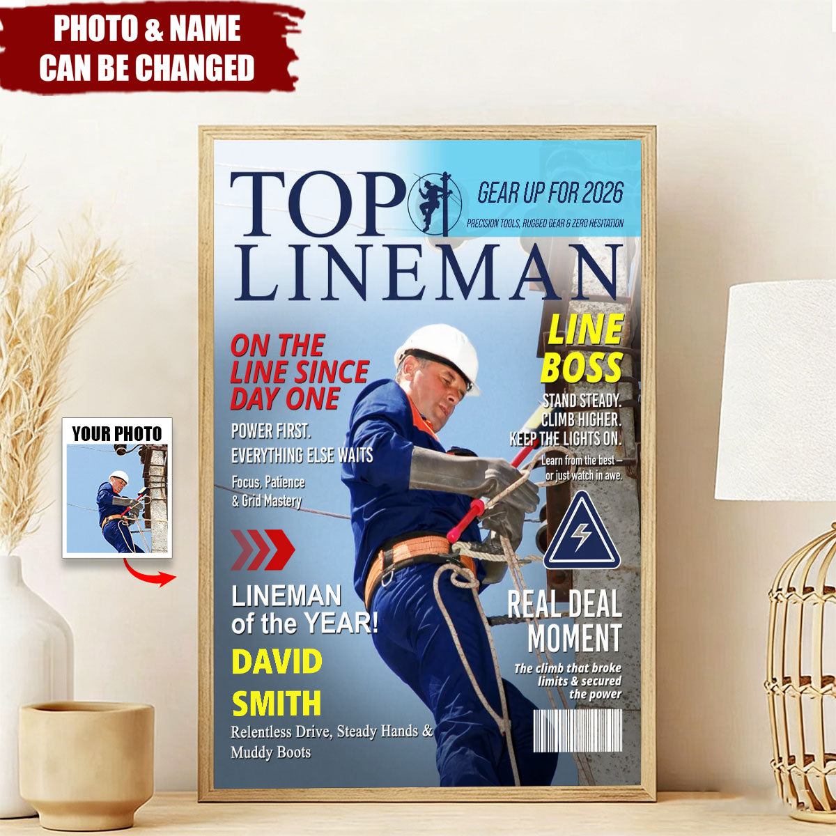 Personalized Line Boss Magazine Style Poster With Name & Photo - Keepsake Father's Day Gift For Electrical Worker And Husband