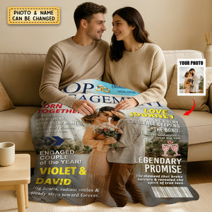 Personalized "Legendary Promise" Engagement Fleece Blanket With Names & Photo - Anniversary Valentine's Day Gift For Engaged Couple