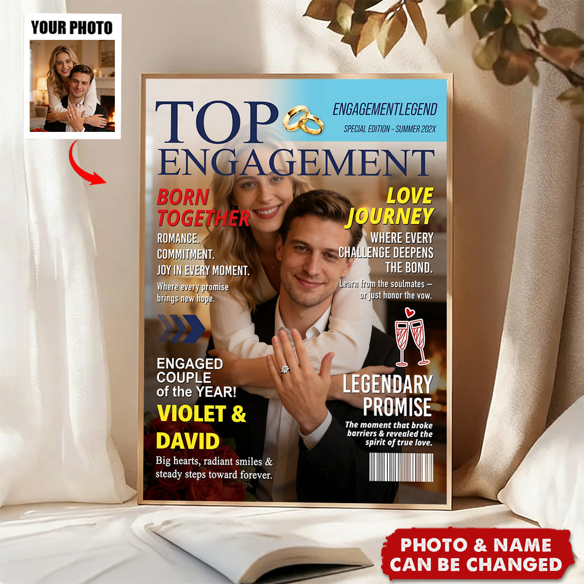 Personalized "Top Engagement" Couple Magazine Poster Wall Art With Photo & Names - Engagement Keepsake | Anniversary Valentine's Day Gift For Couple