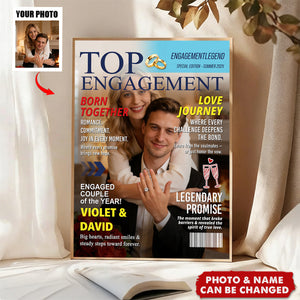Personalized "Top Engagement" Couple Magazine Poster Wall Art With Photo & Names - Engagement Keepsake | Anniversary Valentine's Day Gift For Couple