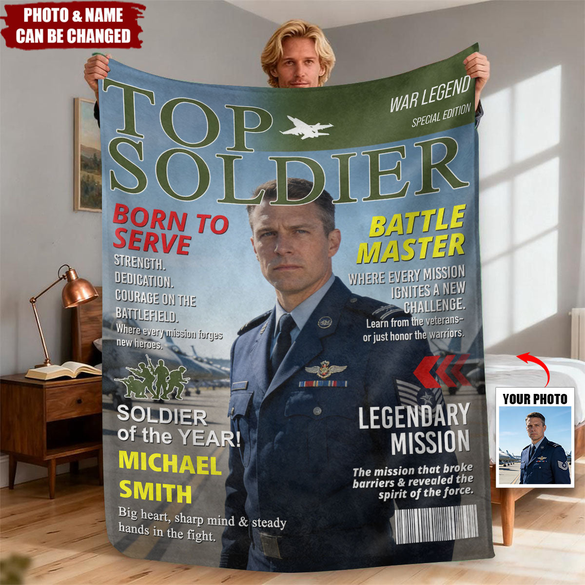 Personalized "Top Soldier" Magazine Cover Blanket With Photo & Name - Navy & Marine Army Gift | Retirement Keepsake For Military Dad