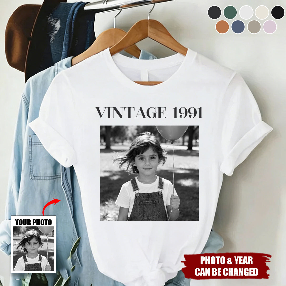 Personalized Vintage Aesthetic Custom Photo T-Shirt With Color & Size - Retro Birthday Gift For Women Men Friends Family