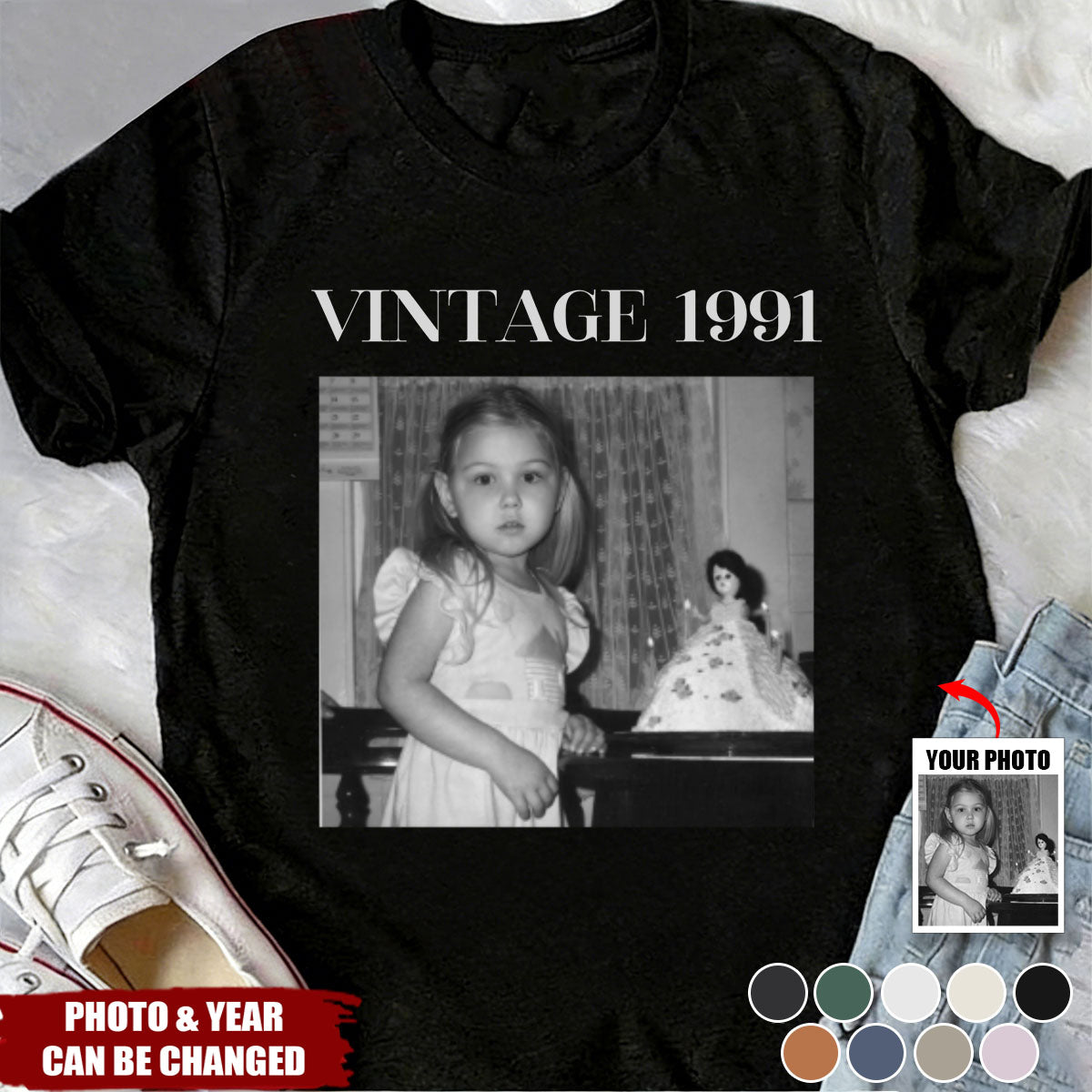 Personalized Vintage Aesthetic Custom Photo T-Shirt With Color & Size - Retro Birthday Gift For Women Men Friends Family