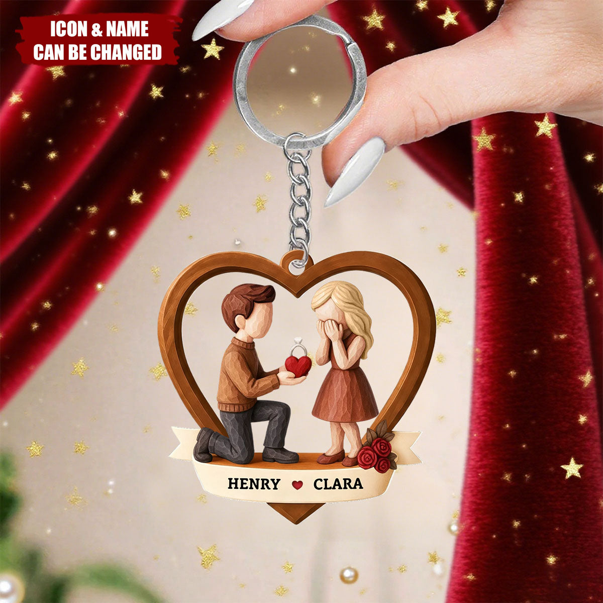 Personalized Couple Marriage Style Acrylic Keychain With Names & Year & Icons | Creative Newly Engaged Valentine's Day Gift For Future Couple