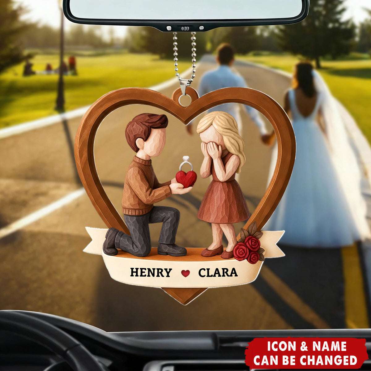 Personalized Marry Me Proposal Wood-Carving Style Acrylic Ornament With Names & Icons - Valentine's Day Newly Engaged Gift For Couples