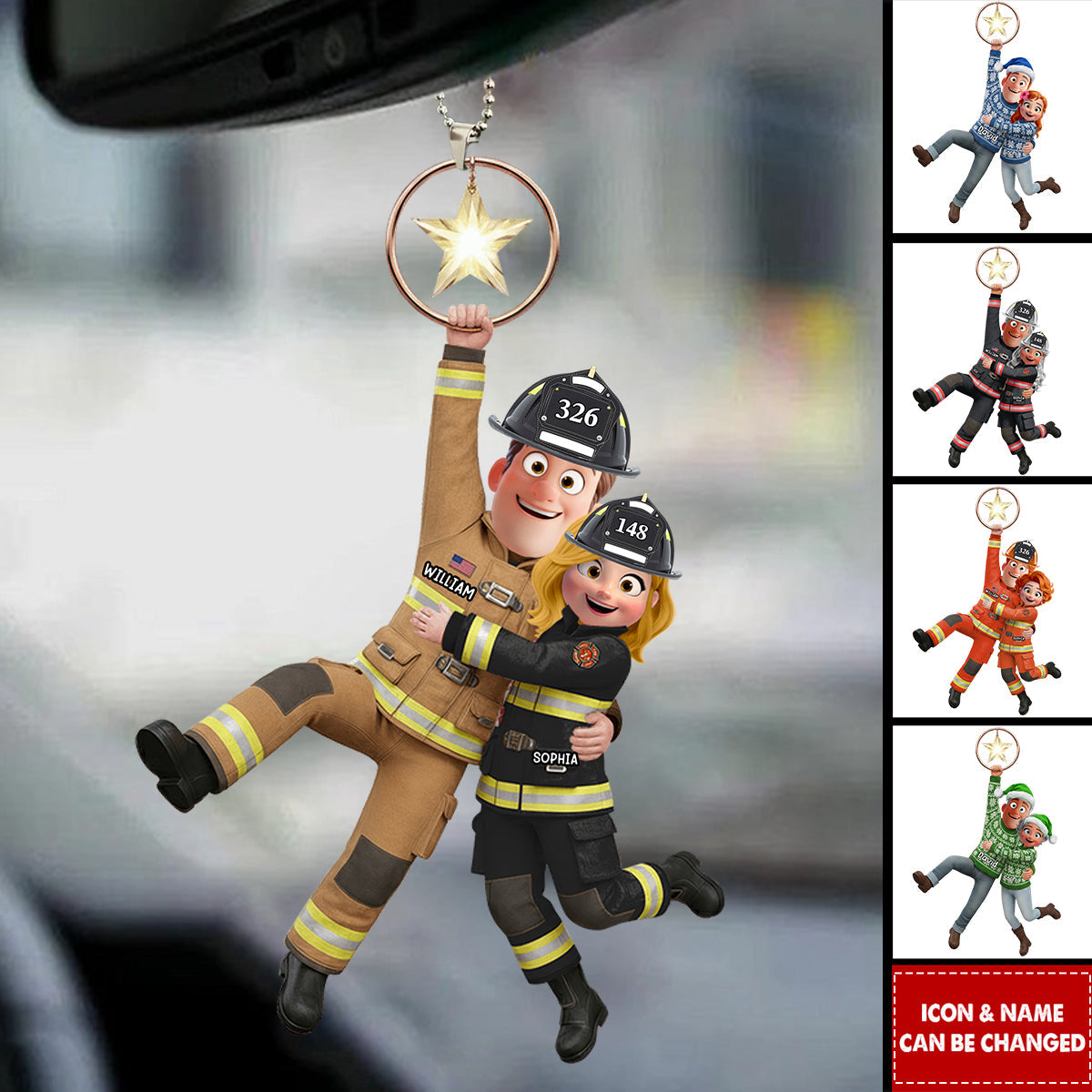 Personalized Brave Love Firefighter Partner Car Ornament With Names & Uniform Icons | Romantic Hero Valentine's Day Gift For Couple