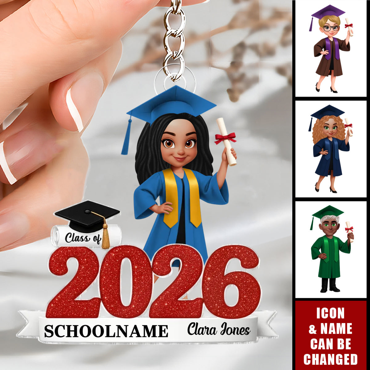 Personalized Glitter Graduation Acrylic Keychain With Graduate Icon & Name - Graduation Party Favors Gift For Daughter Son