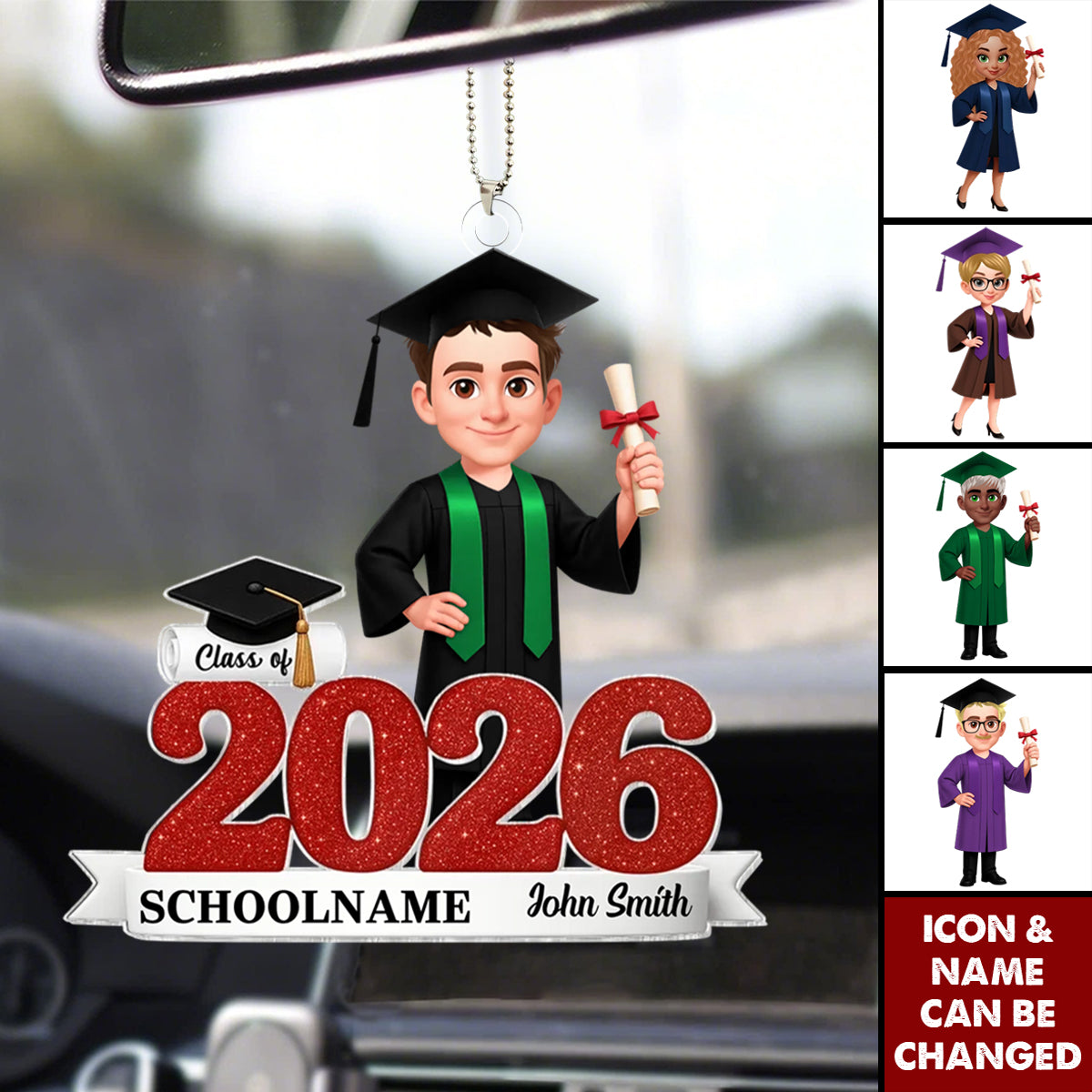 Personalized Glitter Class Of 2025 2026 Senior Acrylic Car Ornament With Graduate Icon & Name - Graduation Gift For Daughter & Son