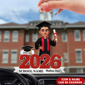 Personalized Glitter Class Of 2025 2026 Senior Acrylic Car Ornament With Graduate Icon & Name - Graduation Gift For Daughter & Son