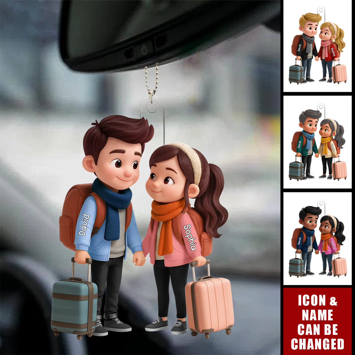 Personalized Traveling Couple With Suitcases 3D Effect Cartoon Acrylic Ornament With Names & Icons - Valentine's Day Gift For Adventure Lovers