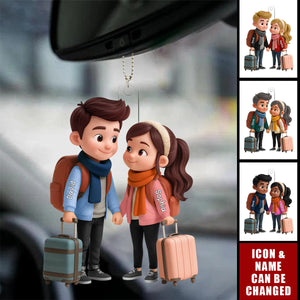 Personalized Traveling Couple With Suitcases 3D Effect Cartoon Acrylic Ornament With Names & Icons - Valentine's Day Gift For Adventure Lovers