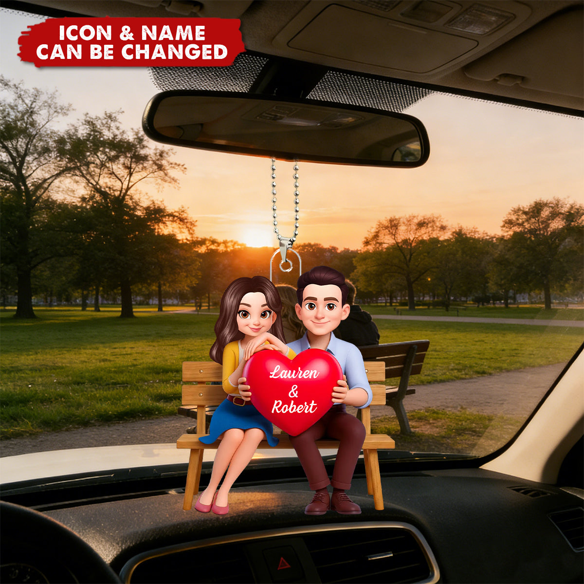 Personalized Couple With Red Heart Acrylic Car Ornament With Names & Icons | Romantic Anniversary Valentine's Day Gift For Couple & Soulmates