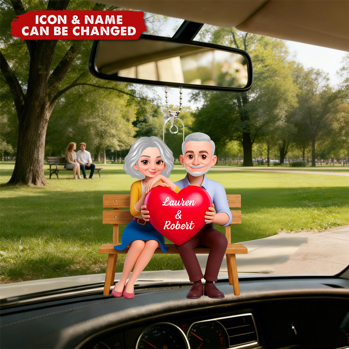 Personalized Couple With Red Heart Acrylic Car Ornament With Names & Icons | Romantic Anniversary Valentine's Day Gift For Couple & Soulmates