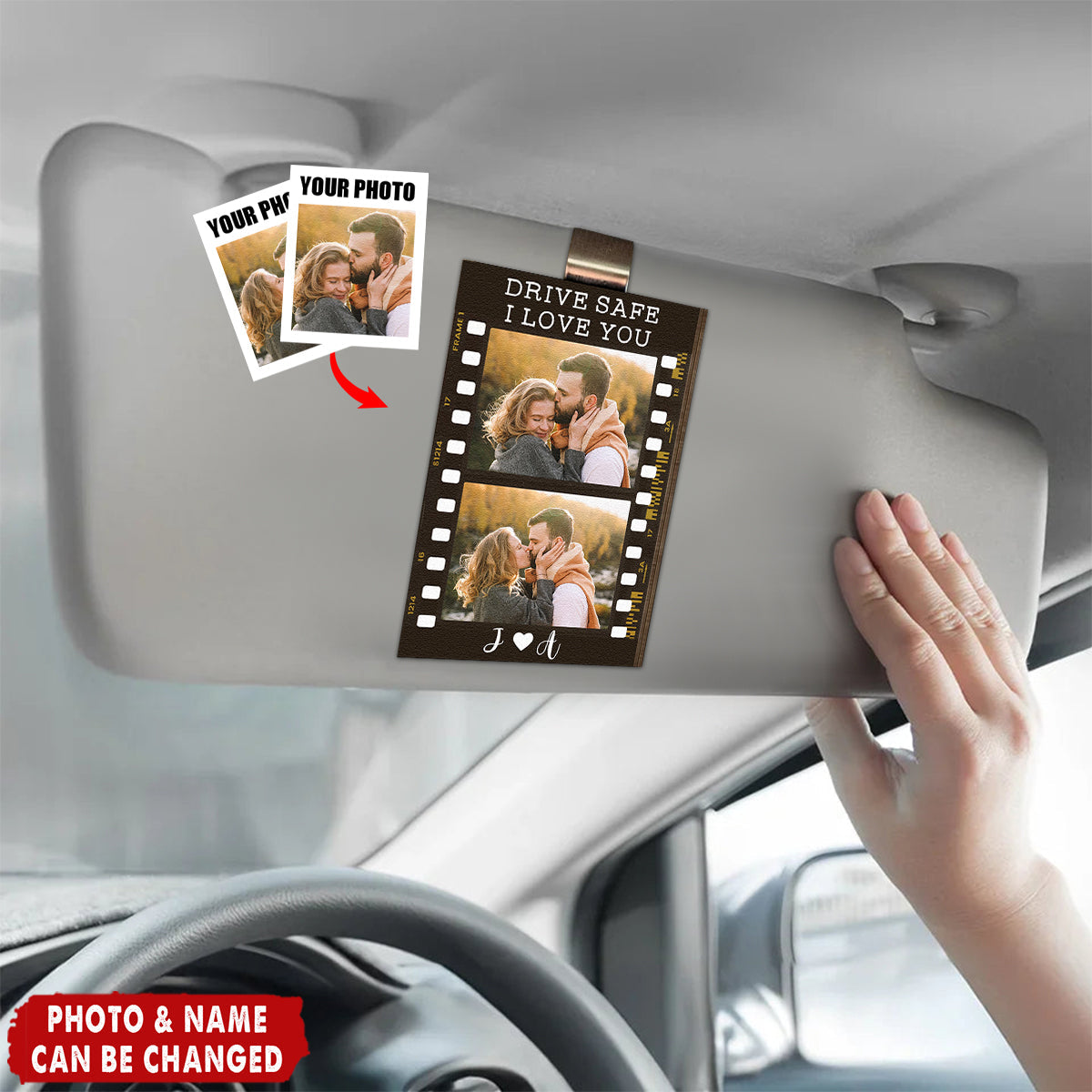 Personalized "Drive Safe, I Love You" Wooden Car Visor Clip With 2 Photo & Initials & Quote | Romantic Anniversary & Valentine's Day Gift For Couple