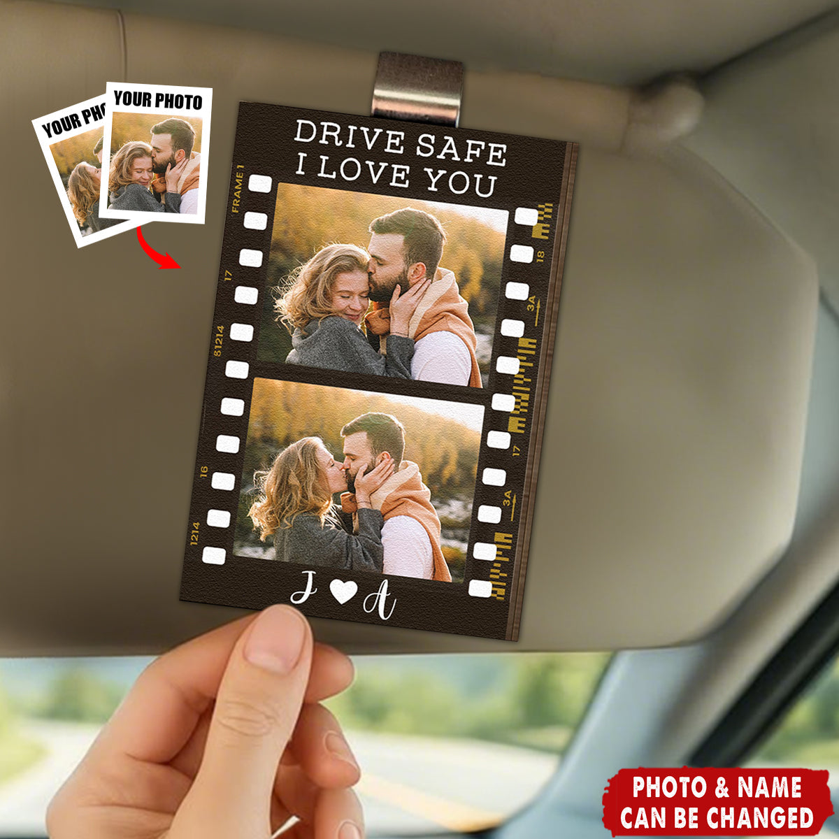 Personalized "Drive Safe, I Love You" Wooden Car Visor Clip With 2 Photo & Initials & Quote | Romantic Anniversary & Valentine's Day Gift For Couple