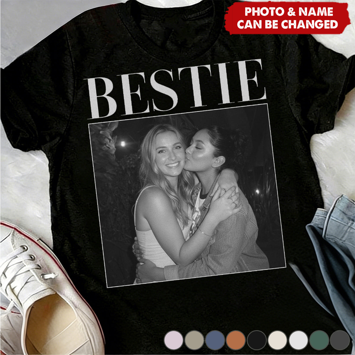 Personalized Comfort Cotton 90s Aesthetic Bestie T-Shirt With Retro Text & Photo - Galentine's Day Surprise Birthday Gift For Soul Sisters