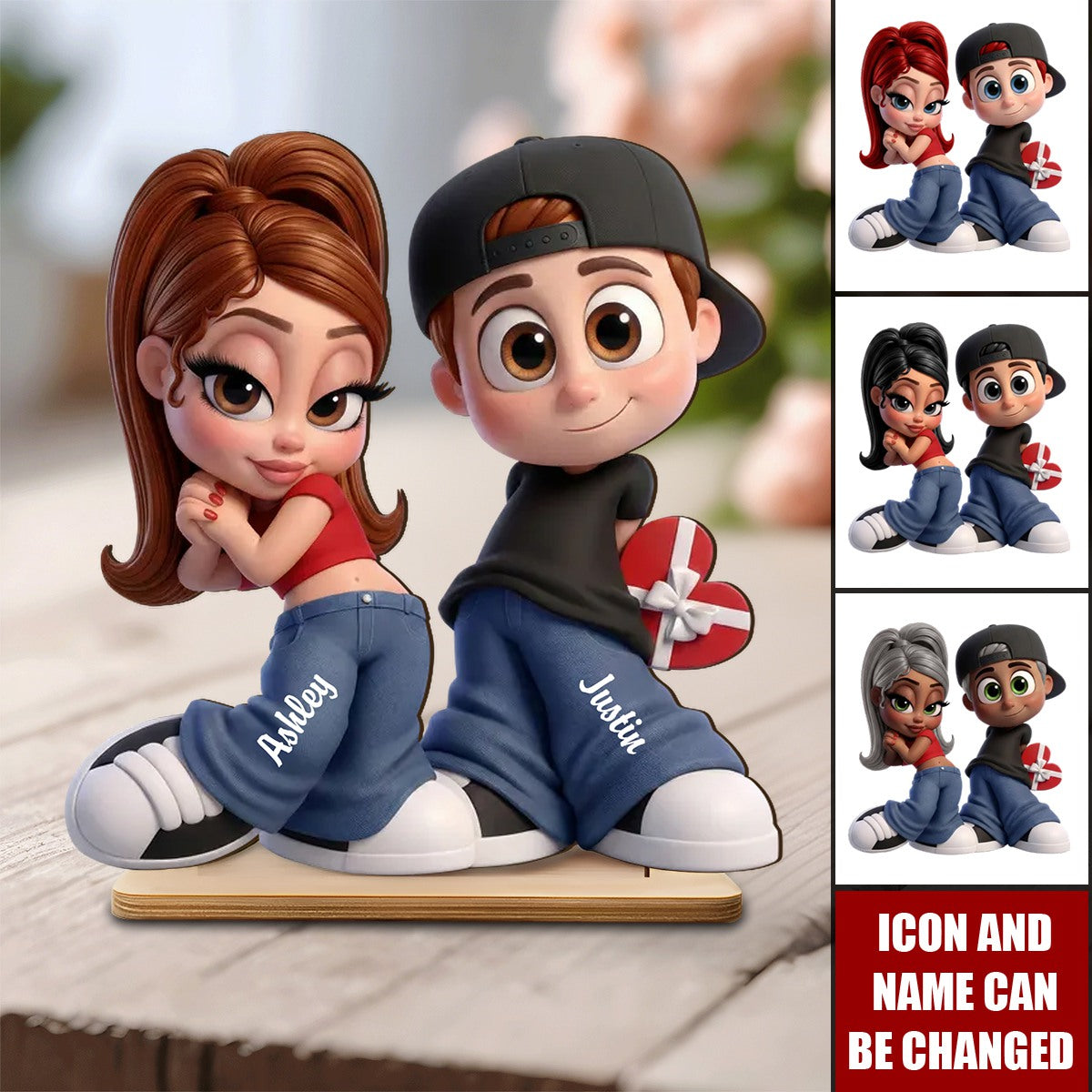 Personalized Y2K Style Cartoon Couple 3D Effect Figurine Plaque With Names & Icons - Anniversary Valentine’s Day Gift For Couples