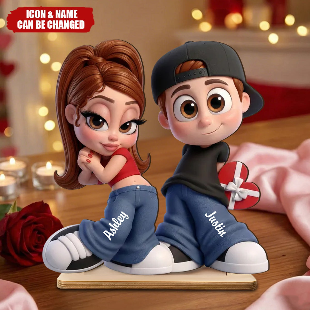 Personalized Y2K Style Cartoon Couple 3D Effect Figurine Plaque With Names & Icons - Anniversary Valentine’s Day Gift For Couples