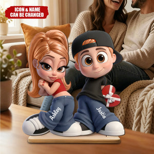 Personalized Y2K Style Cartoon Couple 3D Effect Figurine Plaque With Names & Icons - Anniversary Valentine’s Day Gift For Couples
